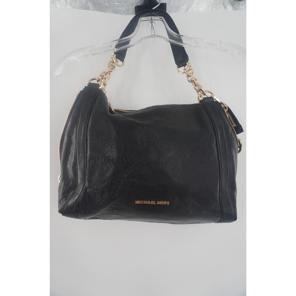 Michael Kors Fulton Black Leather Hobo Shoulder Bag Gold Chain MK Medallion